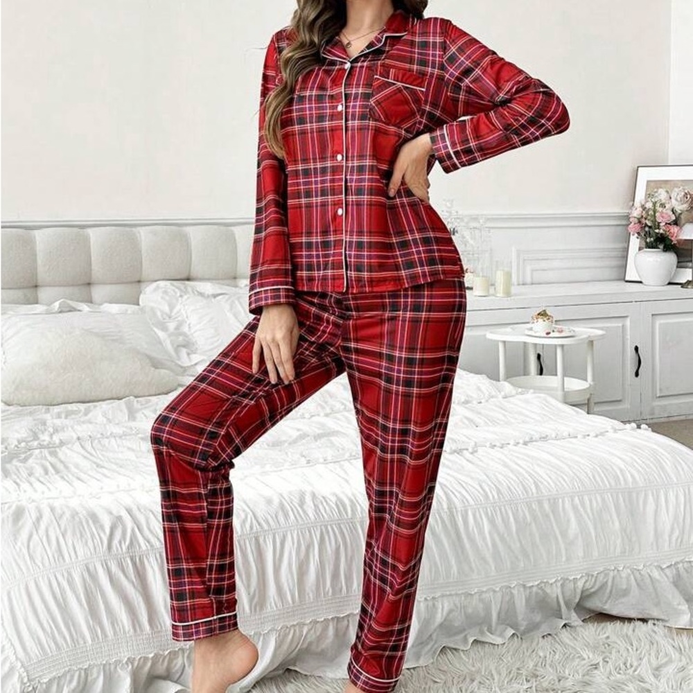 2 piece Set Women Cherry Red Plaid Lapel Long Sleeve Long Pant Pajama Set